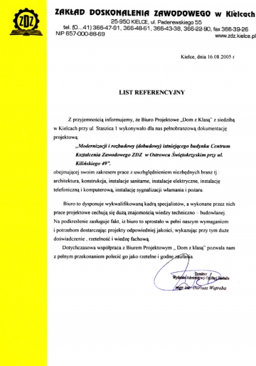 List referencyjny Zakładu doskonalenia Zawodowego w Kielcach