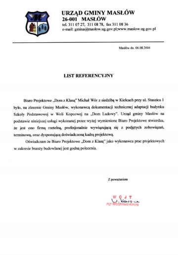 List referencyjny Urzędu Gminy w Masłowie