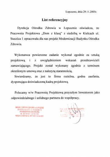 List referencyjny Gminnego Ośrodka Zdrowia w Łopusznie