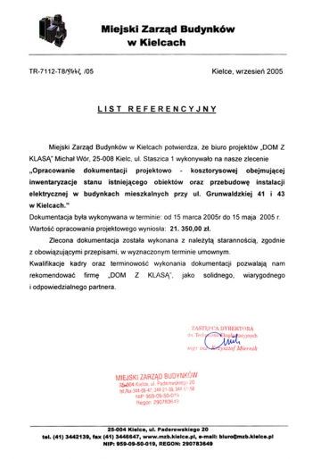 List referencyjny Miejskiego Zarządu Budynków w Kielcach